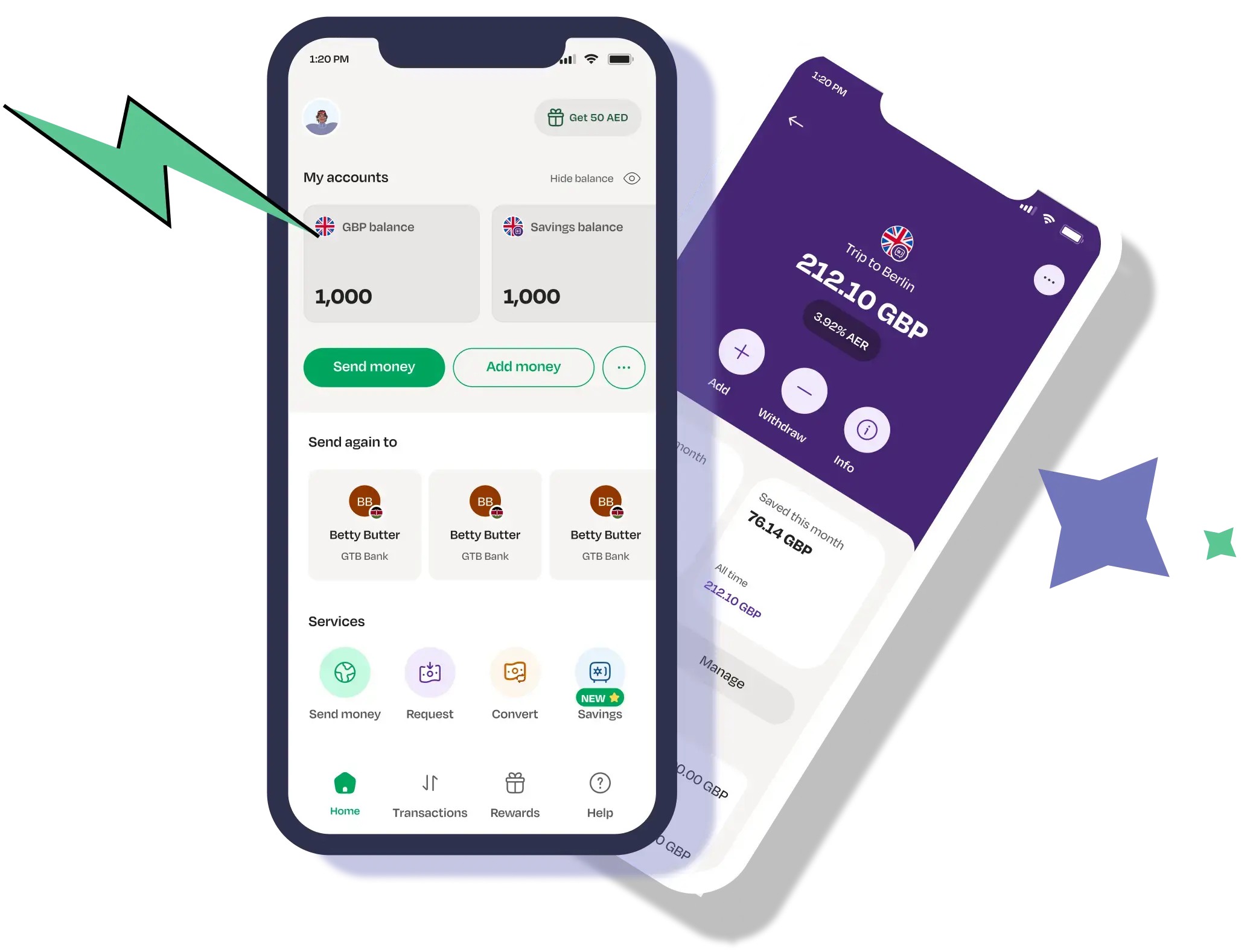 LemFi mobile app home page and send money page with lightening and star icon