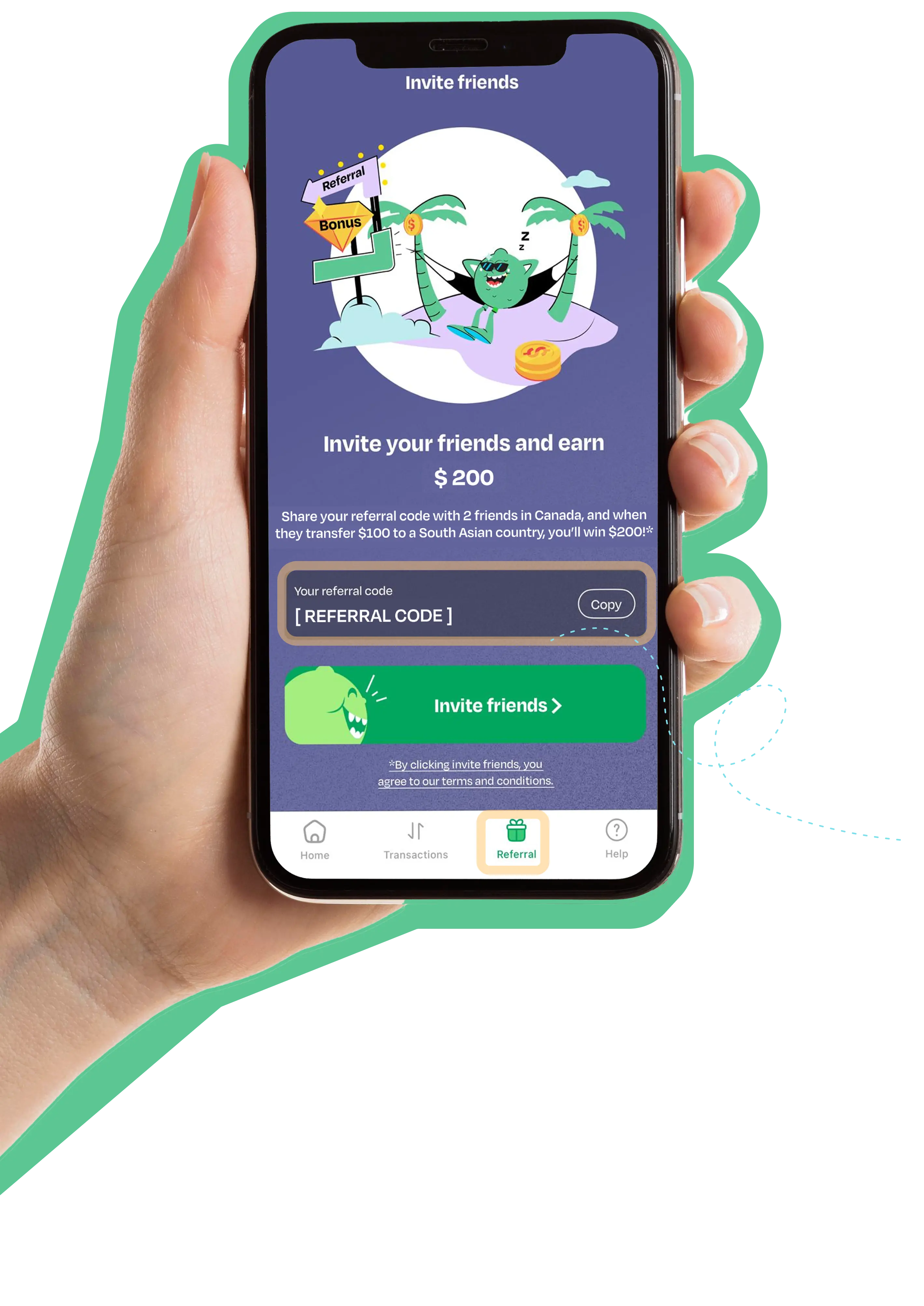 Hand holding phone with referral interface