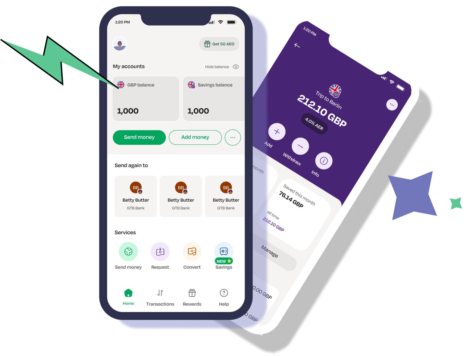 LemFi mobile app home page and send money page with lightening and star icon