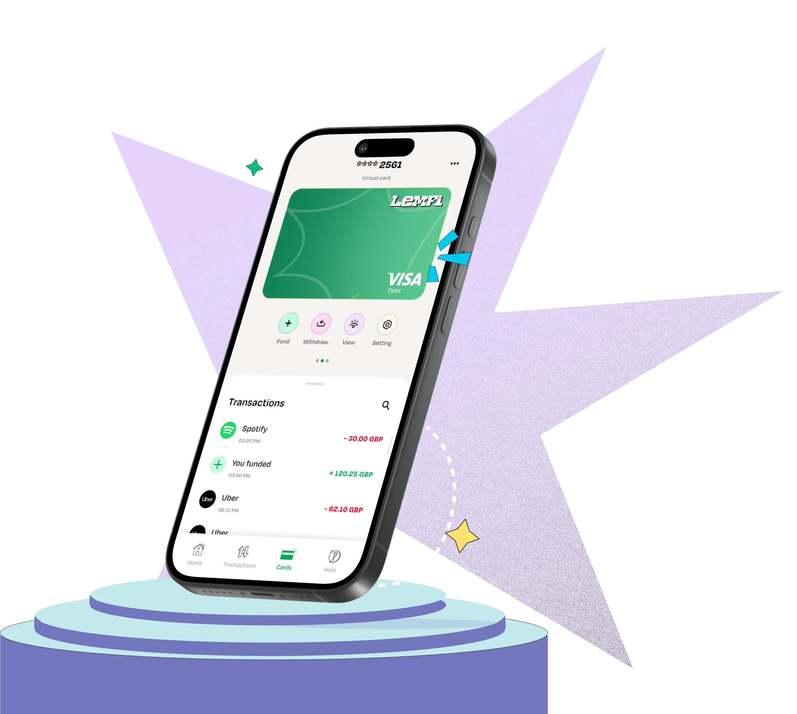 LemFi mobile app home page, send money page and visa card