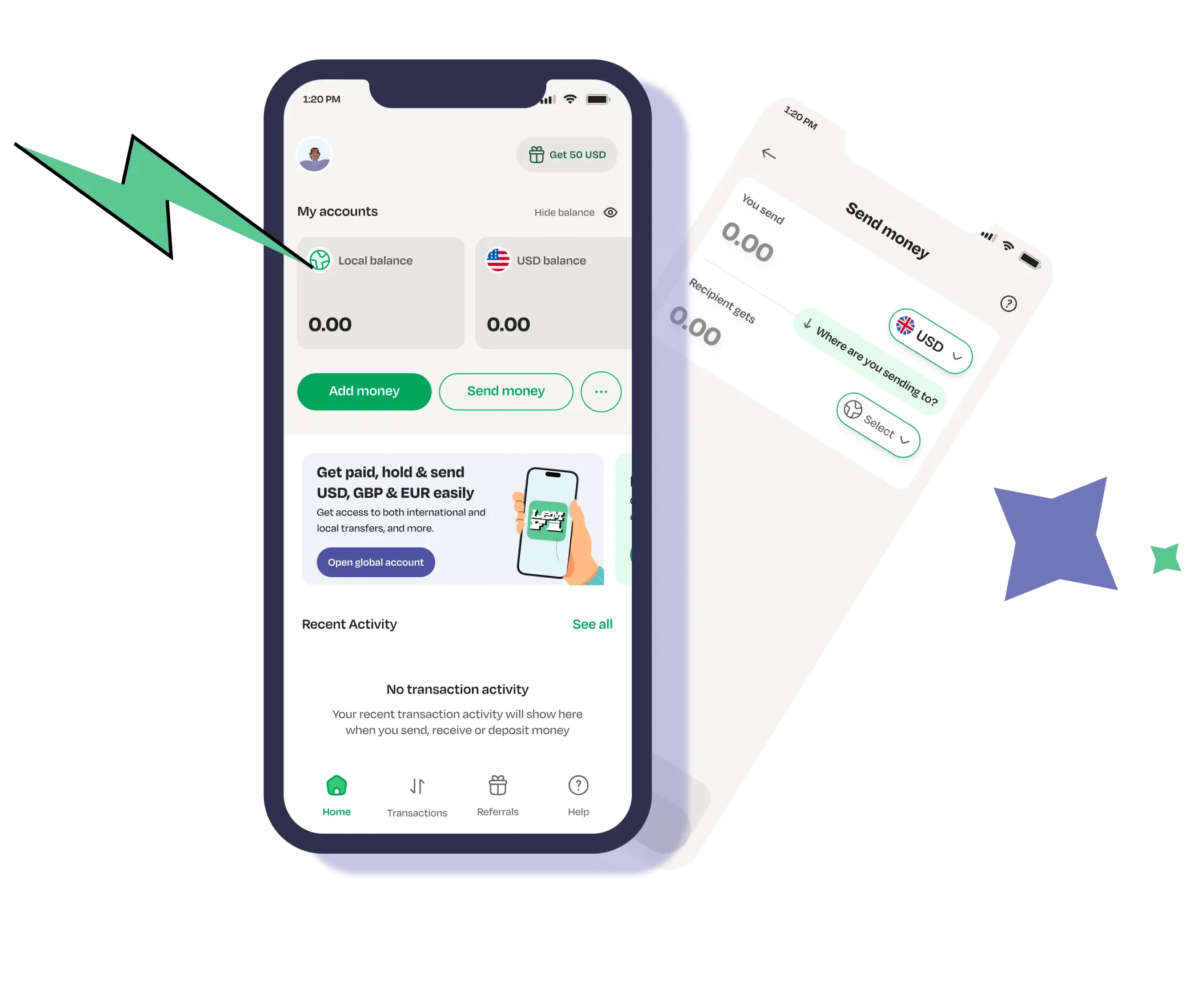 LemFi mobile app home page and send money page with lightening and star icon