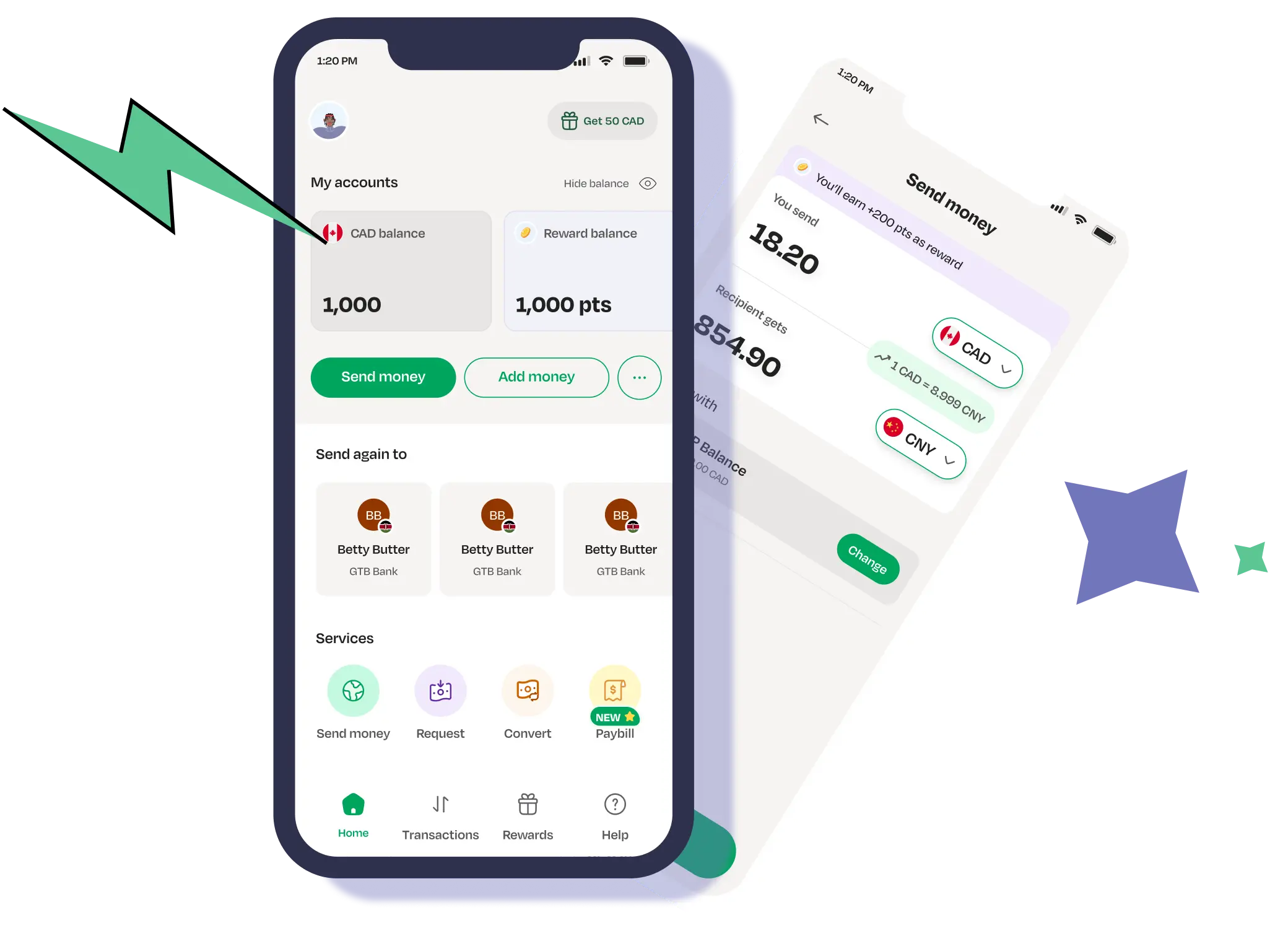LemFi mobile app home page and send money page with lightening and star icon