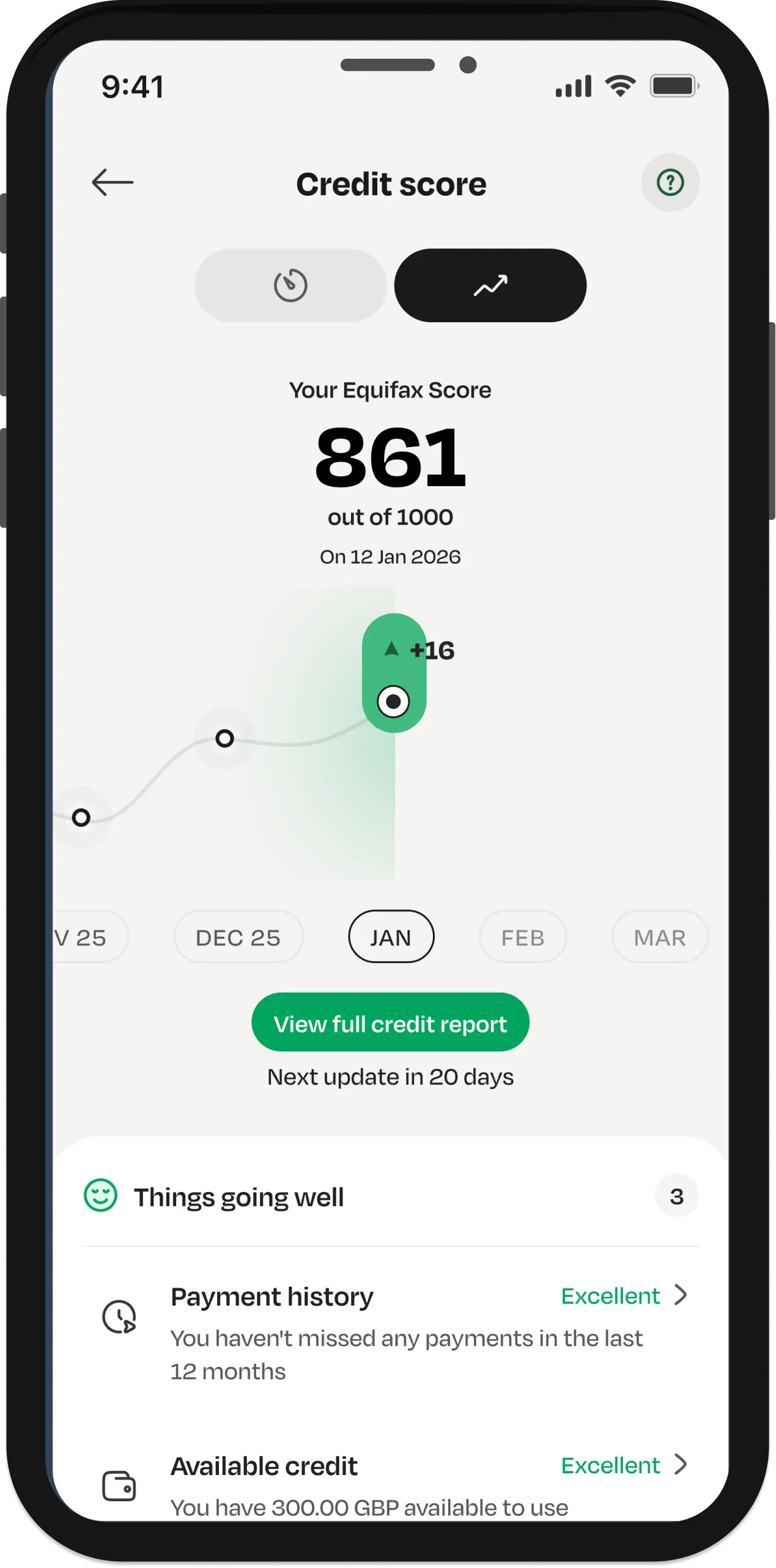 Credit score trend on LemFi app