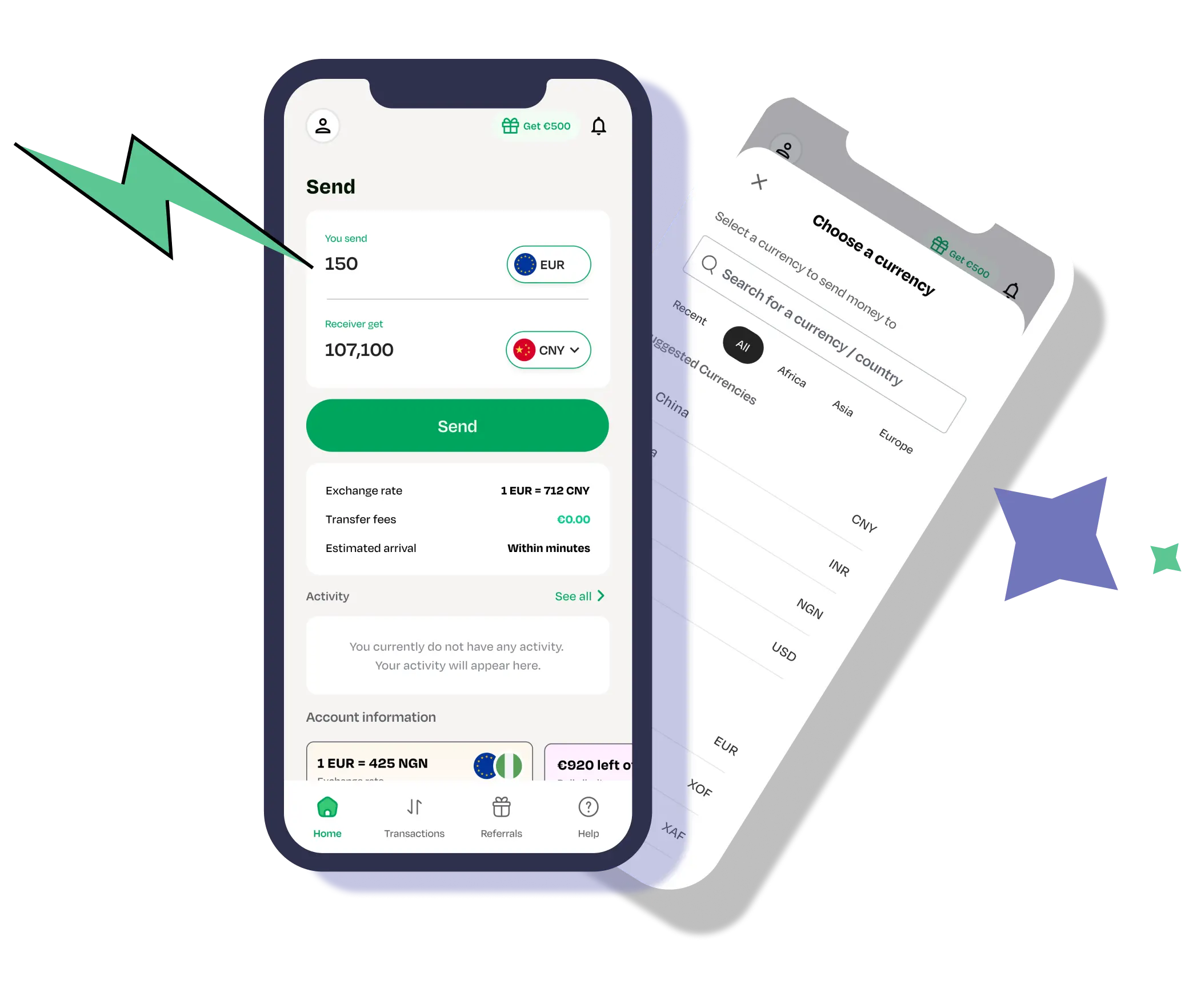 LemFi mobile app home page and send money page with lightening and star icon