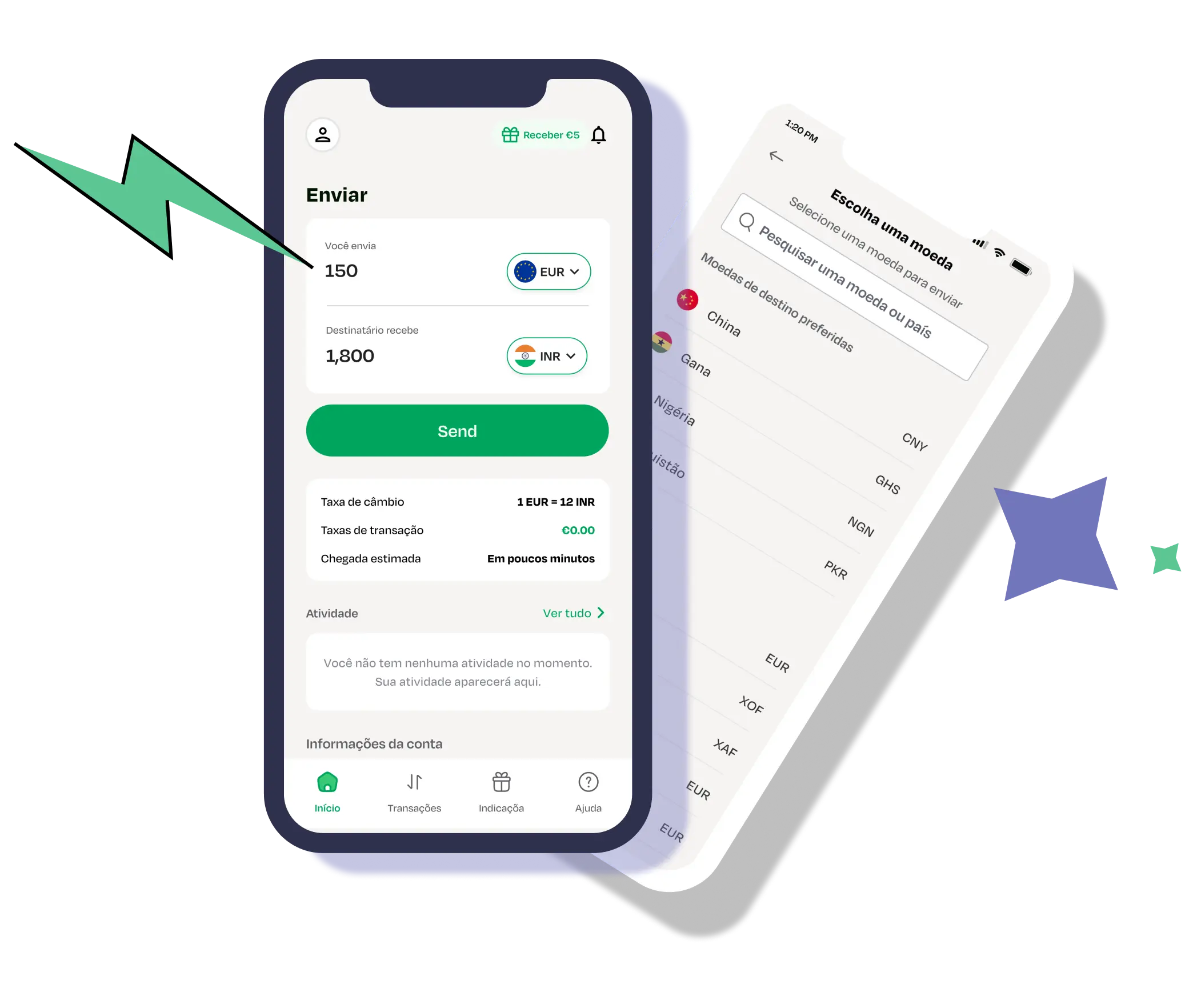 LemFi mobile app home page and send money page with lightening and star icon