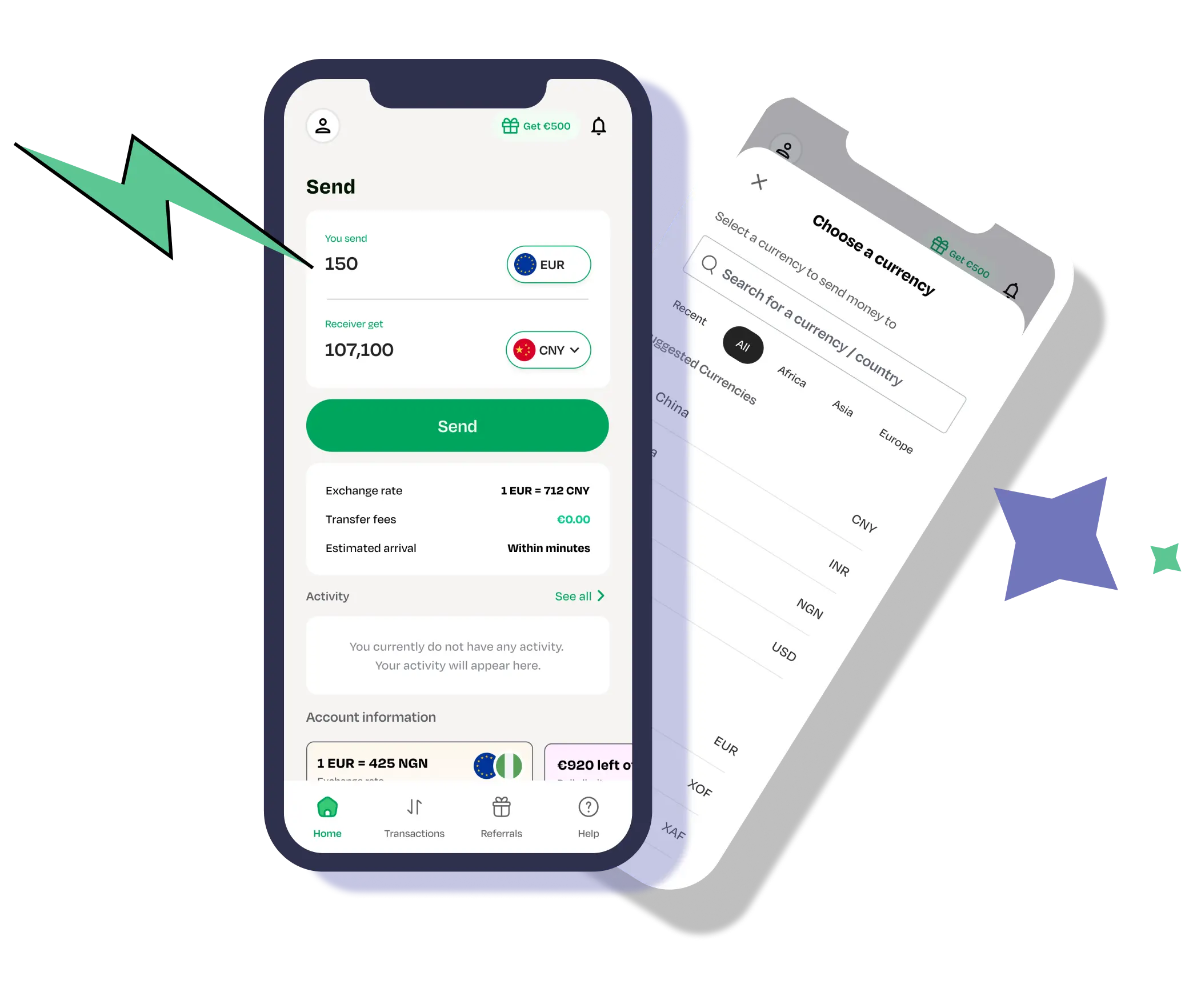 LemFi mobile app home page and send money page with lightening and star icon