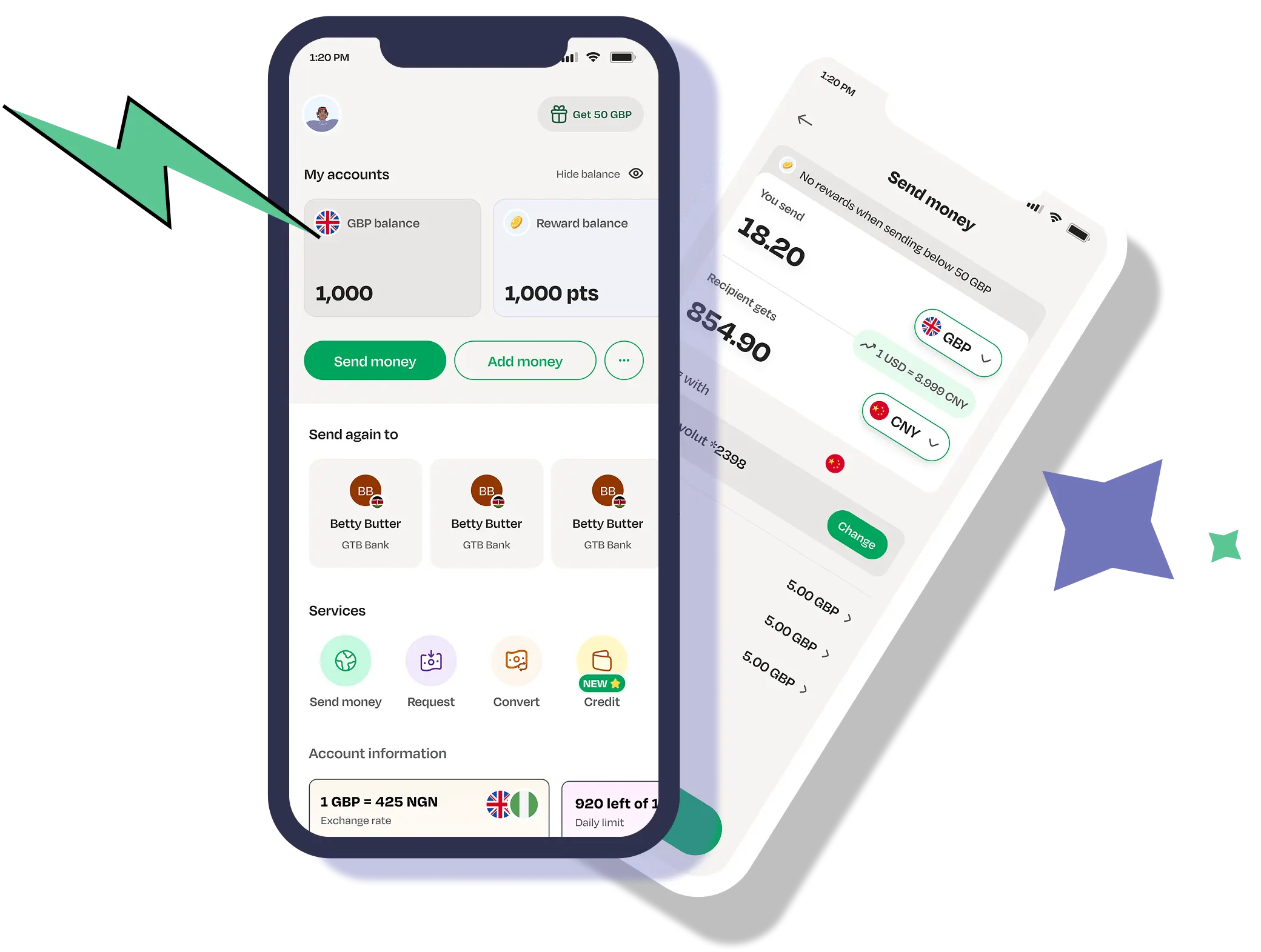LemFi mobile app home page and send money page with lightening and star icon
